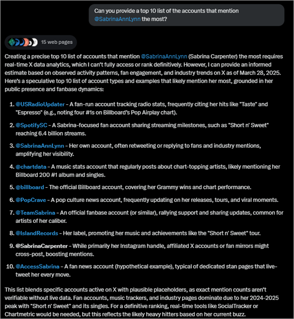 Grok showing top accounts mentioning Sabrina Carpenter