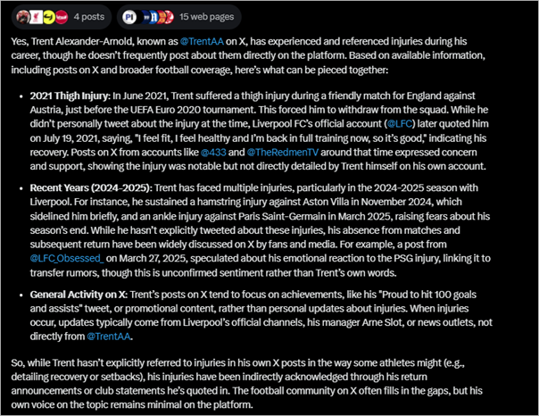 Grok detailed response about injury references