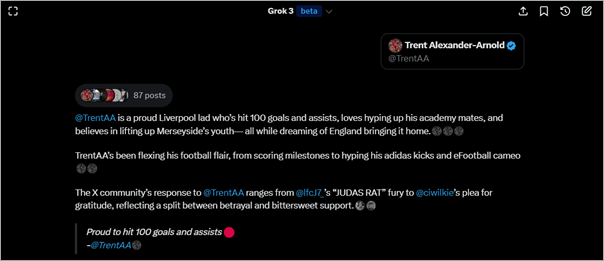 Grok chat window showing account summary