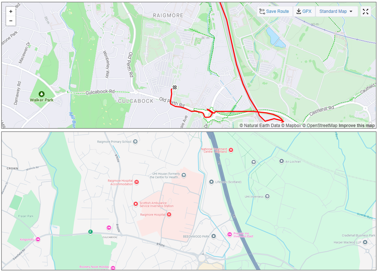 Map showing the route ending at Raigmore Hospital