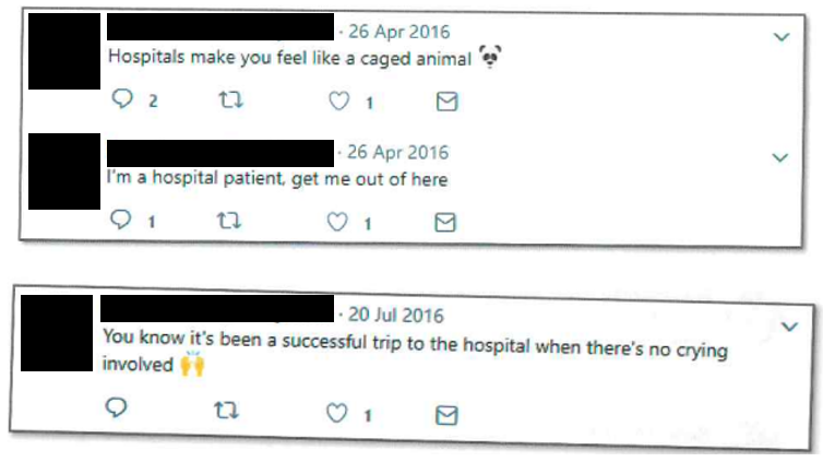 Evidence of the claimant posting about being in hospital